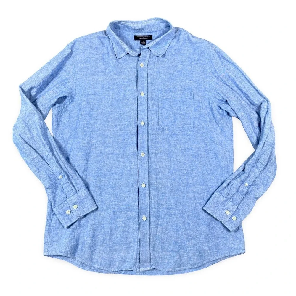 Banana Republic Mens Linen Cotton Shirt L Cascade Blue Chambray Roll Up Sleeve